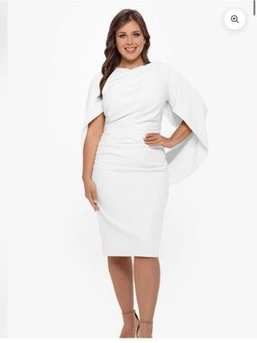 Elegant White Cape Sleeve Sheath Dress “Jordan” by Betsy and Adam.